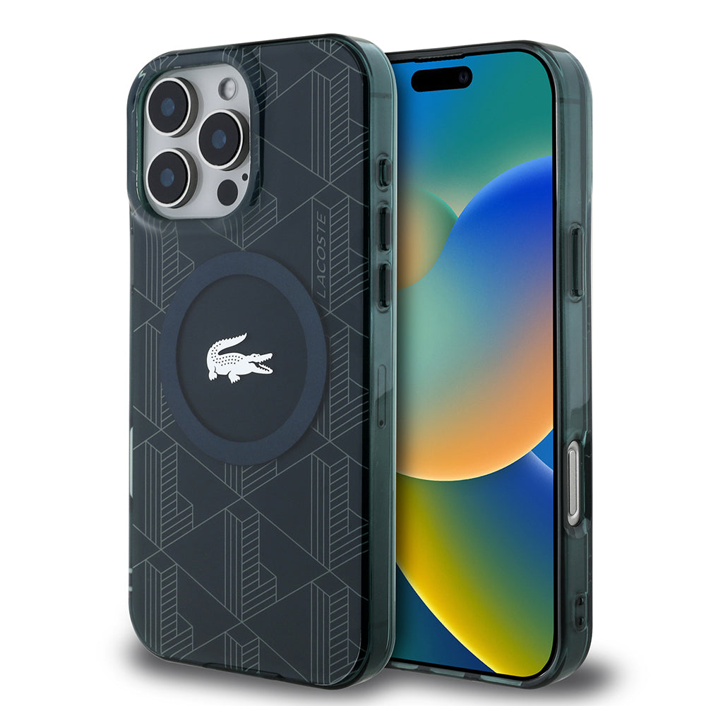 Lacoste iPhone 16 Pro Max Orjinal Lisanslı M-safe Şarj Özellikli IML Baskılı Gümüş Timsah Logolu Monogram Kılıf