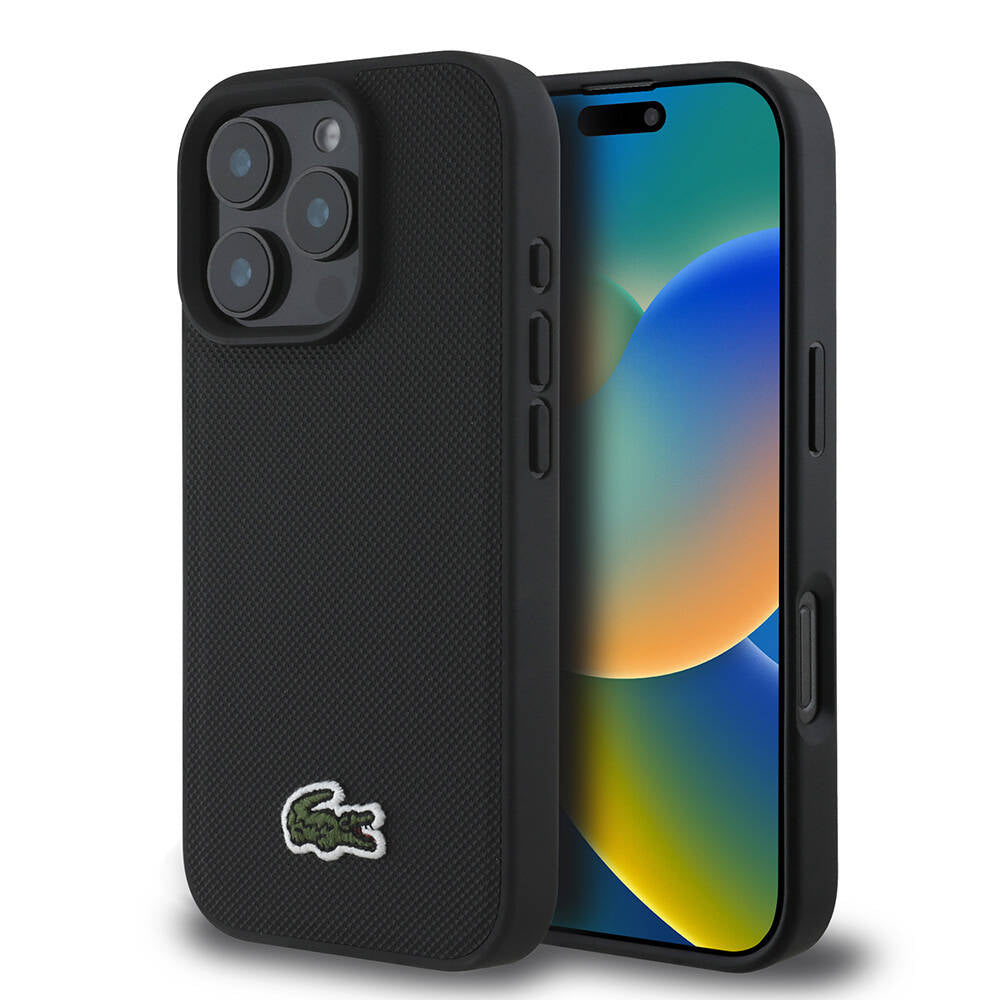 Lacoste iPhone 16 Pro Max Orjinal Lisanslı PU Pike Desenli Arka Yüzey İkonik Timsah Dokuma Logolu Kılıf