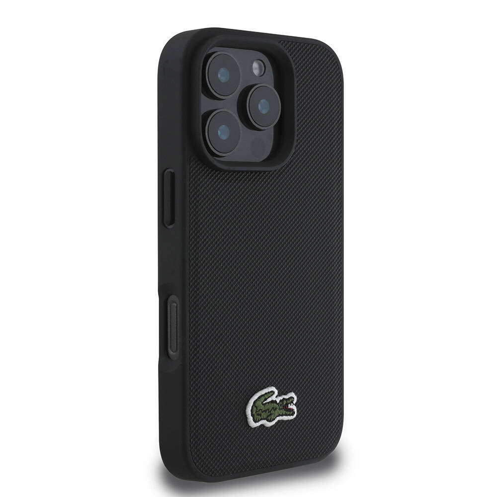 Lacoste iPhone 16 Pro Max Orjinal Lisanslı PU Pike Desenli Arka Yüzey İkonik Timsah Dokuma Logolu Kılıf