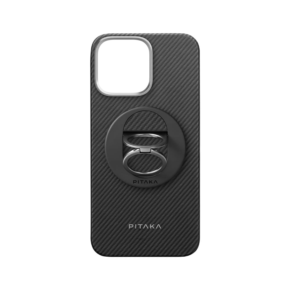 Pitaka Ultra-Slim Classic Serisi iPhone 16 Pro Max Magsafe Grip 3 Standlı 600D Aramid Fiber Black-Grey Twill Yanmaz Telefon Kılıfı