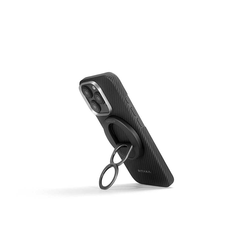 Pitaka Ultra-Slim Classic Serisi iPhone 16 Pro Max Magsafe Grip 3 Standlı 600D Aramid Fiber Black-Grey Twill Yanmaz Telefon Kılıfı