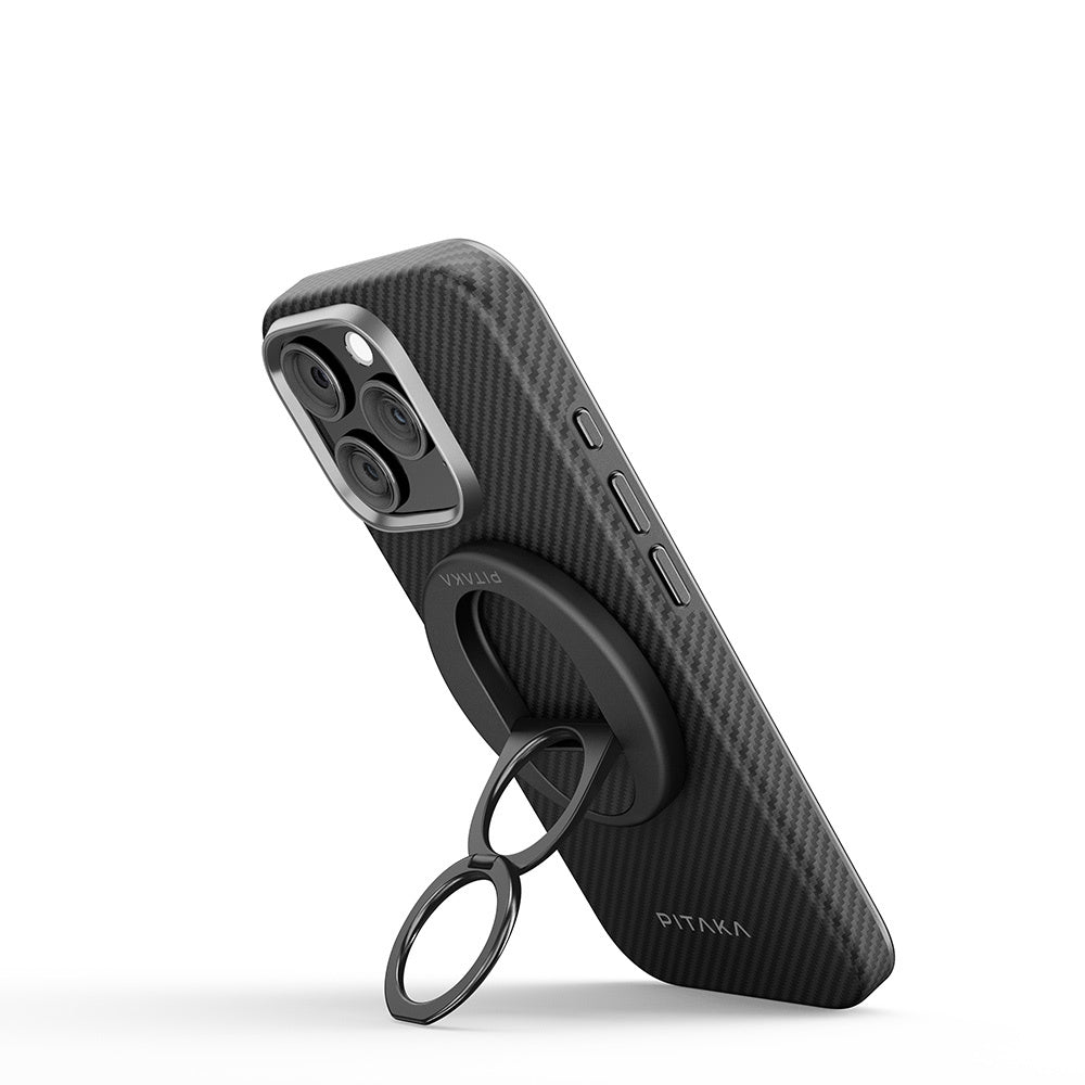 Pitaka Military Grade Classic Serisi iPhone 16 Pro Max M-safe Şarj Özellikli Grip 3 Standlı Aramid Fiber Black-Grey Twill Kılıf