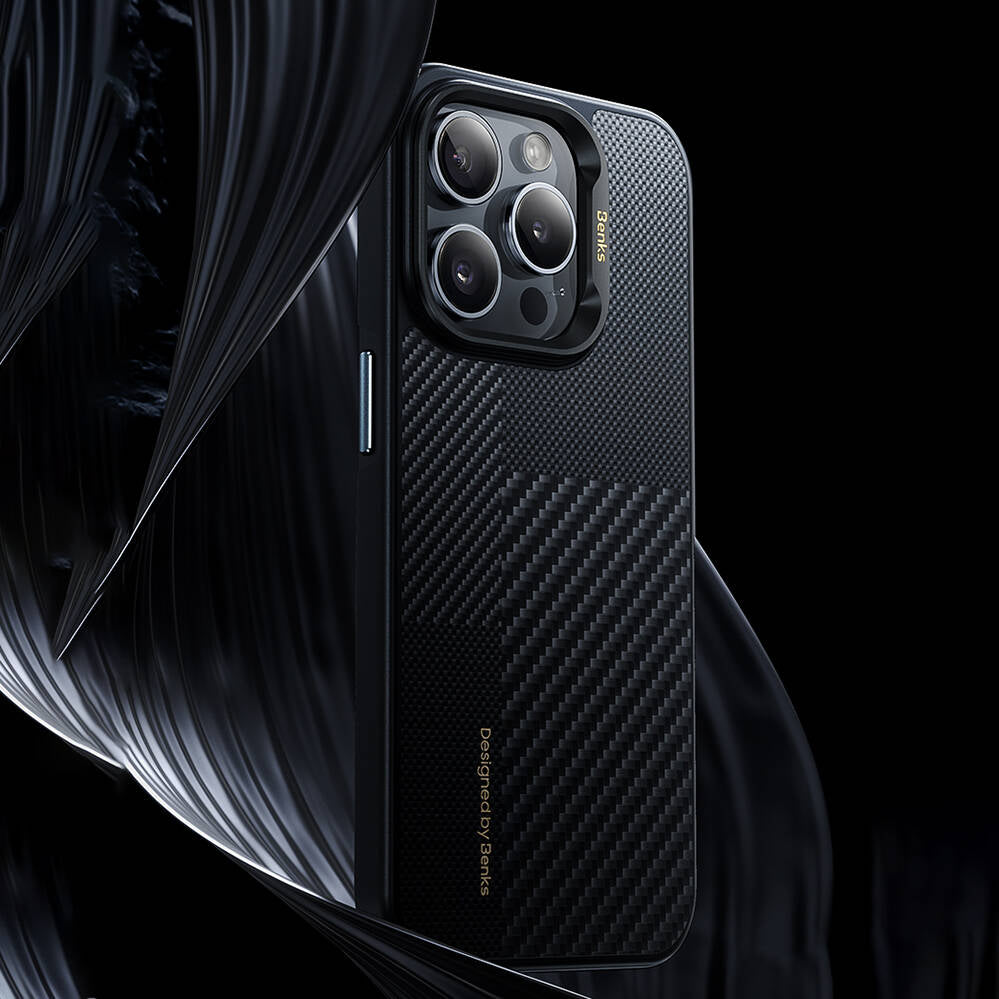 Benks Montage Hybrid ArmorPro iPhone 16 Pro Max M-safe Şarj Özellikli Karbon Fiber Kevlar Kılıf
