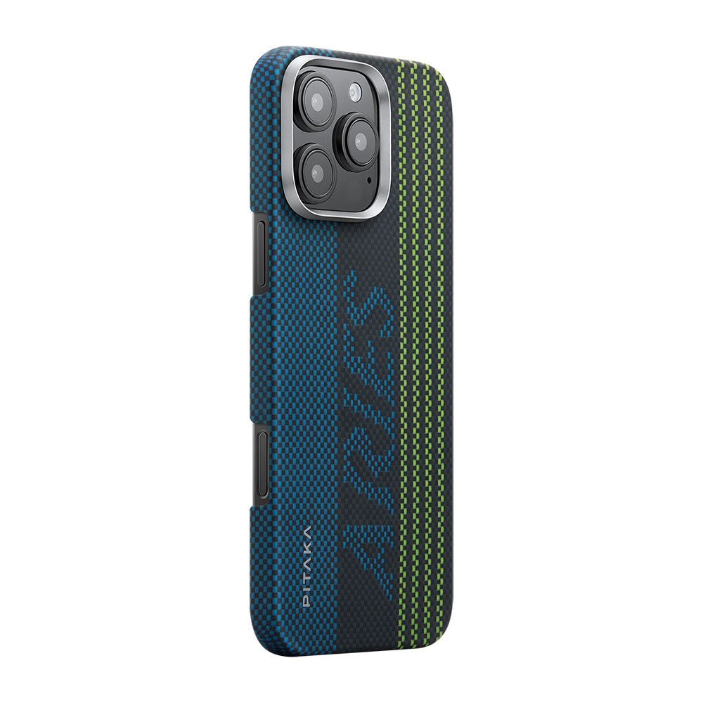 Pitaka Tactile Woven Aries Serisi iPhone 16 Pro Max M-safe Şarj Özellikli Lumintex Teknolojili Fosforlu Aramid Fiber Credit Card Kılıf