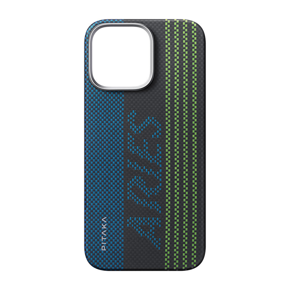 Pitaka Tactile Woven Aries Serisi iPhone 16 Pro Max M-safe Şarj Özellikli Lumintex Teknolojili Fosforlu Aramid Fiber Credit Card Kılıf
