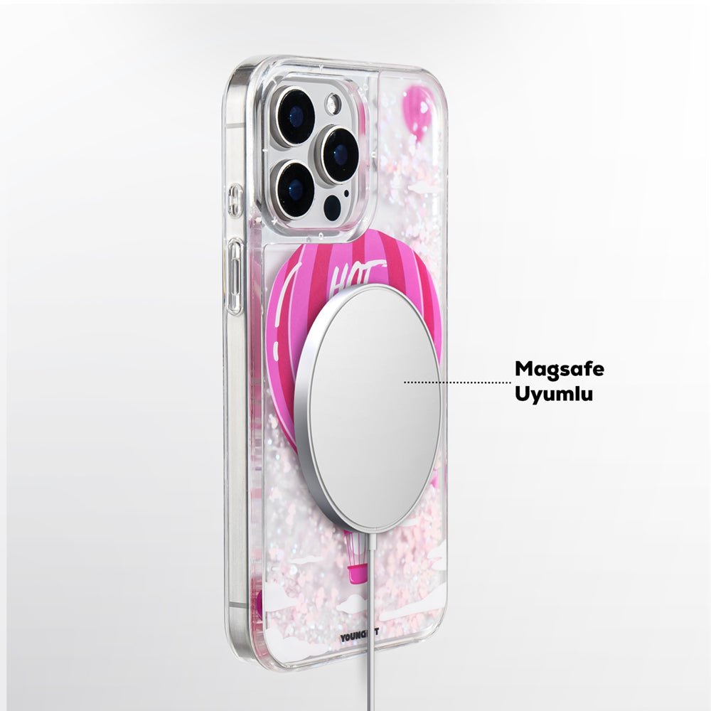 Youngkit Pink Dream Quicksand Serisi iPhone 16 Pro Max M-safe Şarj Özellikli Parlak Kumlu Sıvılı Kılıf
