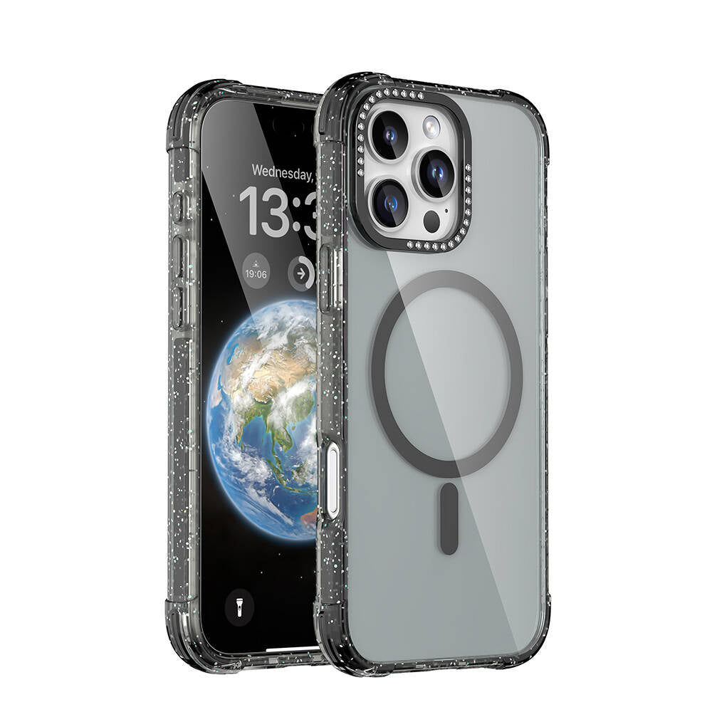 Mutural Blink iPhone 16 Pro Max M-safe Şarj Özellikli Taşlı ve Simli Tasarım Kılıf
