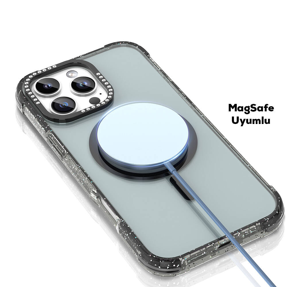 Mutural Blink iPhone 16 Pro Max M-safe Şarj Özellikli Taşlı ve Simli Tasarım Kılıf
