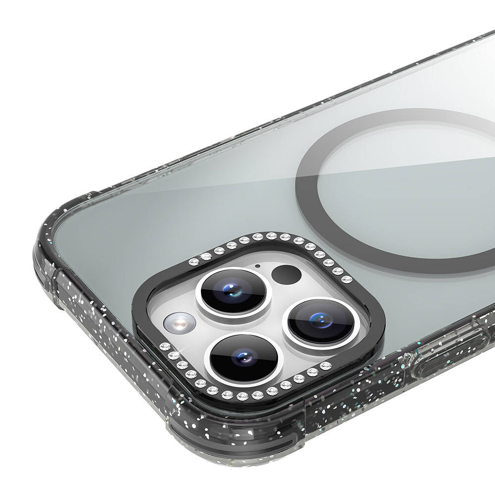 Mutural Blink iPhone 16 Pro Max M-safe Şarj Özellikli Taşlı ve Simli Tasarım Kılıf
