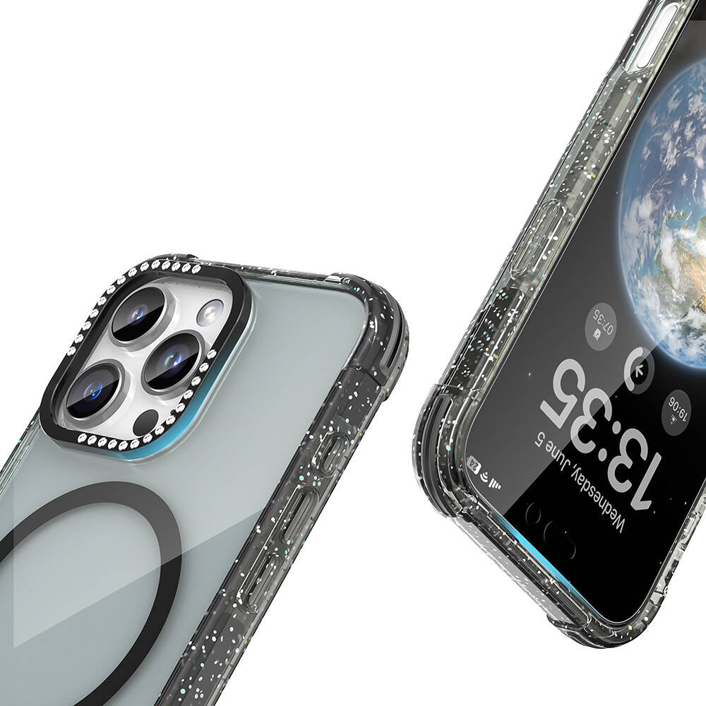 Mutural Blink iPhone 16 Pro Max M-safe Şarj Özellikli Taşlı ve Simli Tasarım Kılıf