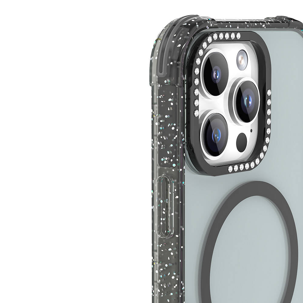 Mutural Blink iPhone 16 Pro Max M-safe Şarj Özellikli Taşlı ve Simli Tasarım Kılıf