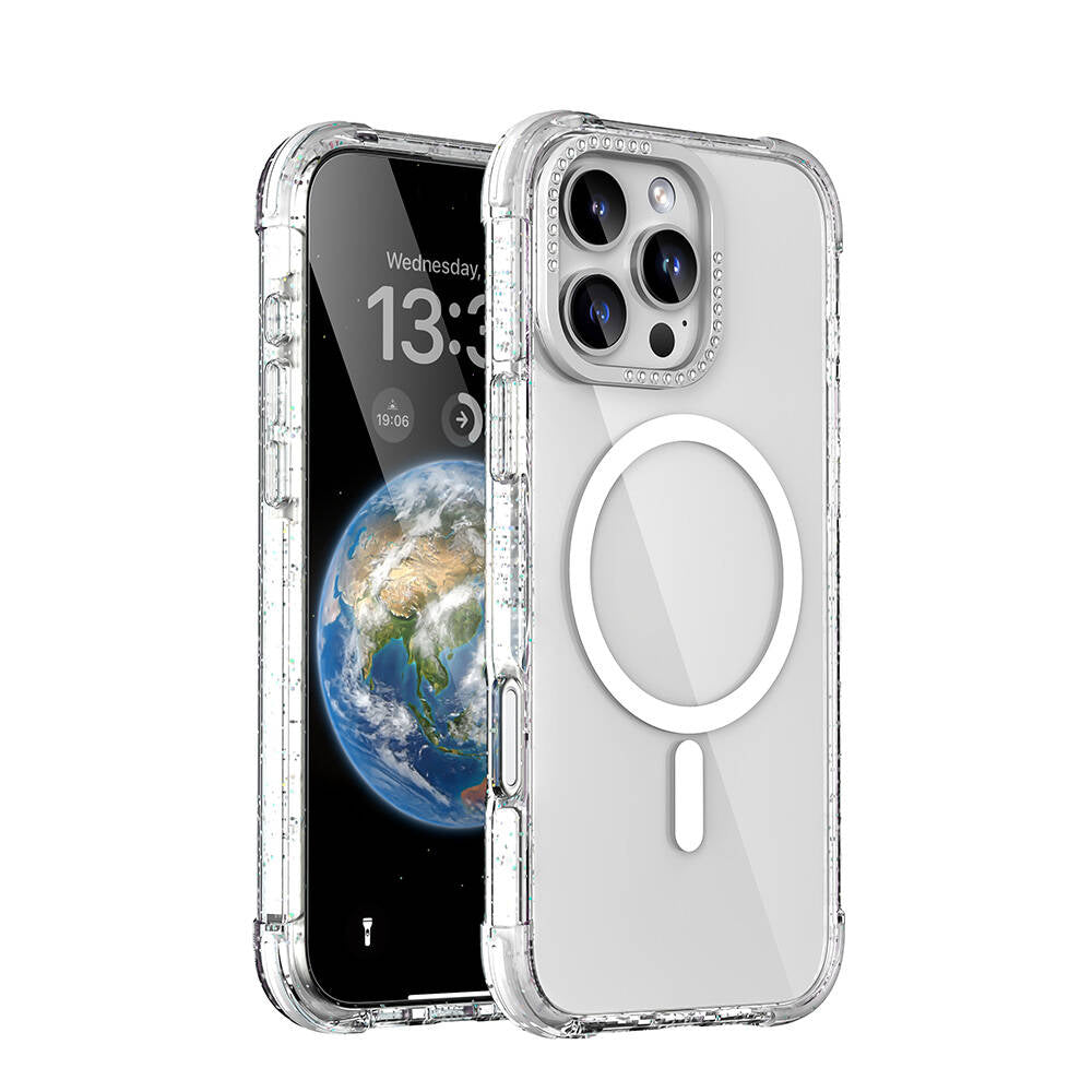 Mutural Blink iPhone 16 Pro Max M-safe Şarj Özellikli Taşlı ve Simli Tasarım Kılıf