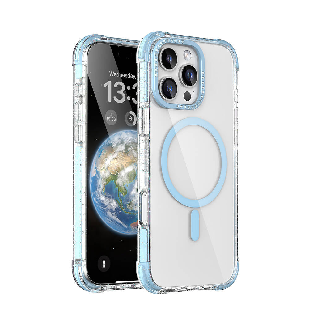 Mutural Blink iPhone 16 Pro Max M-safe Şarj Özellikli Taşlı ve Simli Tasarım Kılıf