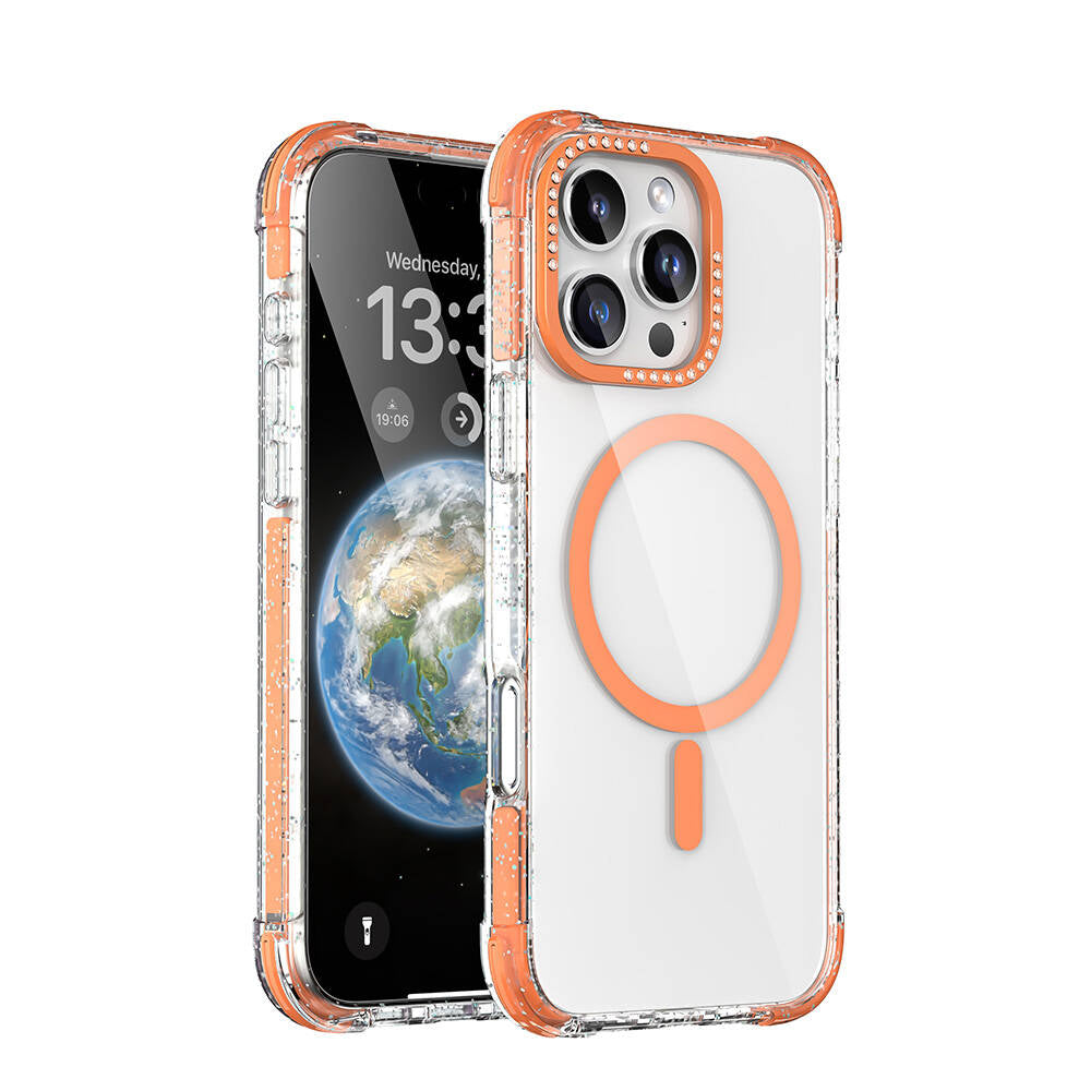 Mutural Blink iPhone 16 Pro Max M-safe Şarj Özellikli Taşlı ve Simli Tasarım Kılıf