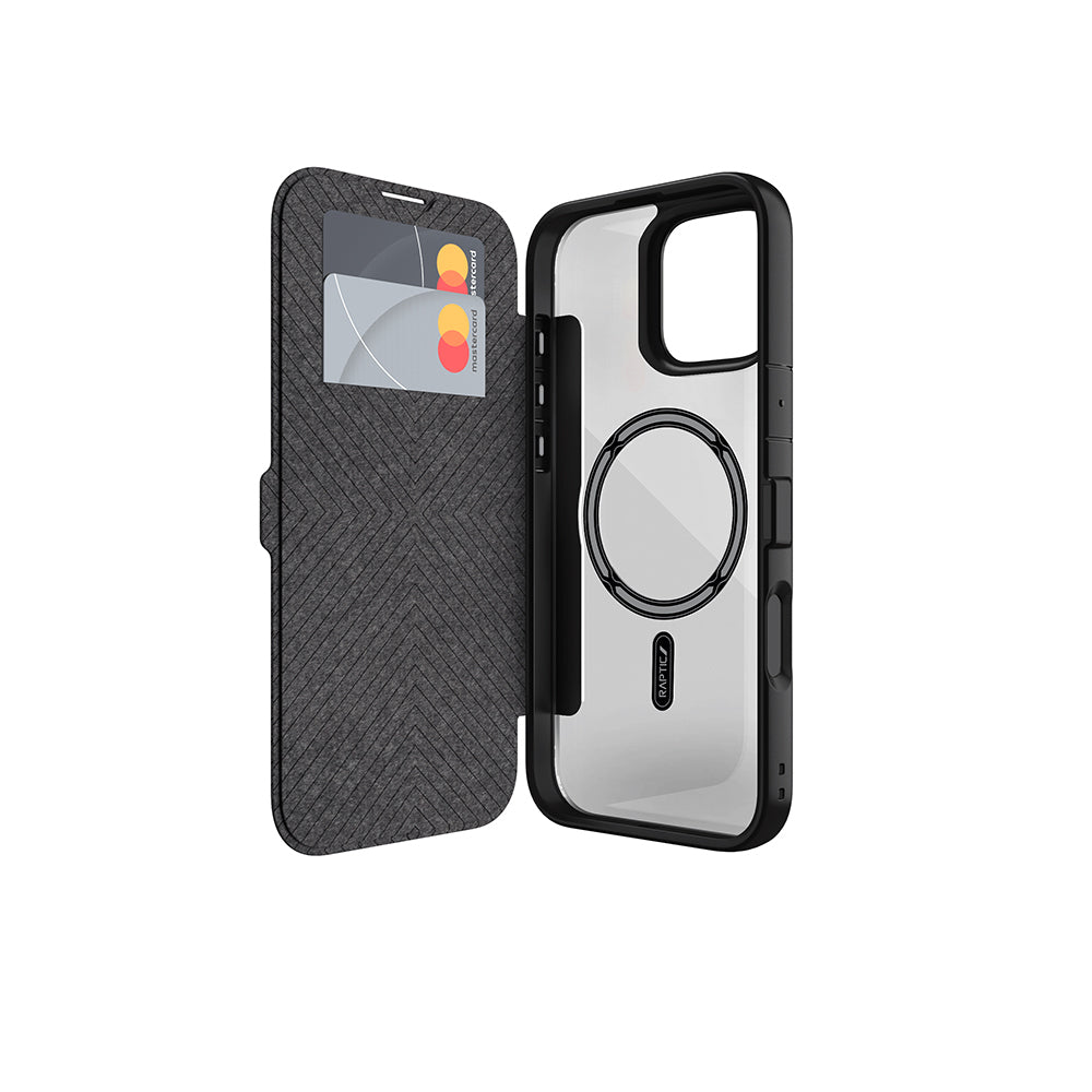 Raptic Urban Folio Serisi iPhone 16 Pro Max M-safe Şarj Özellikli Vegan Deri Tasarımlı Şeffaf Arka Yüzey Kartlıklı Kılıf