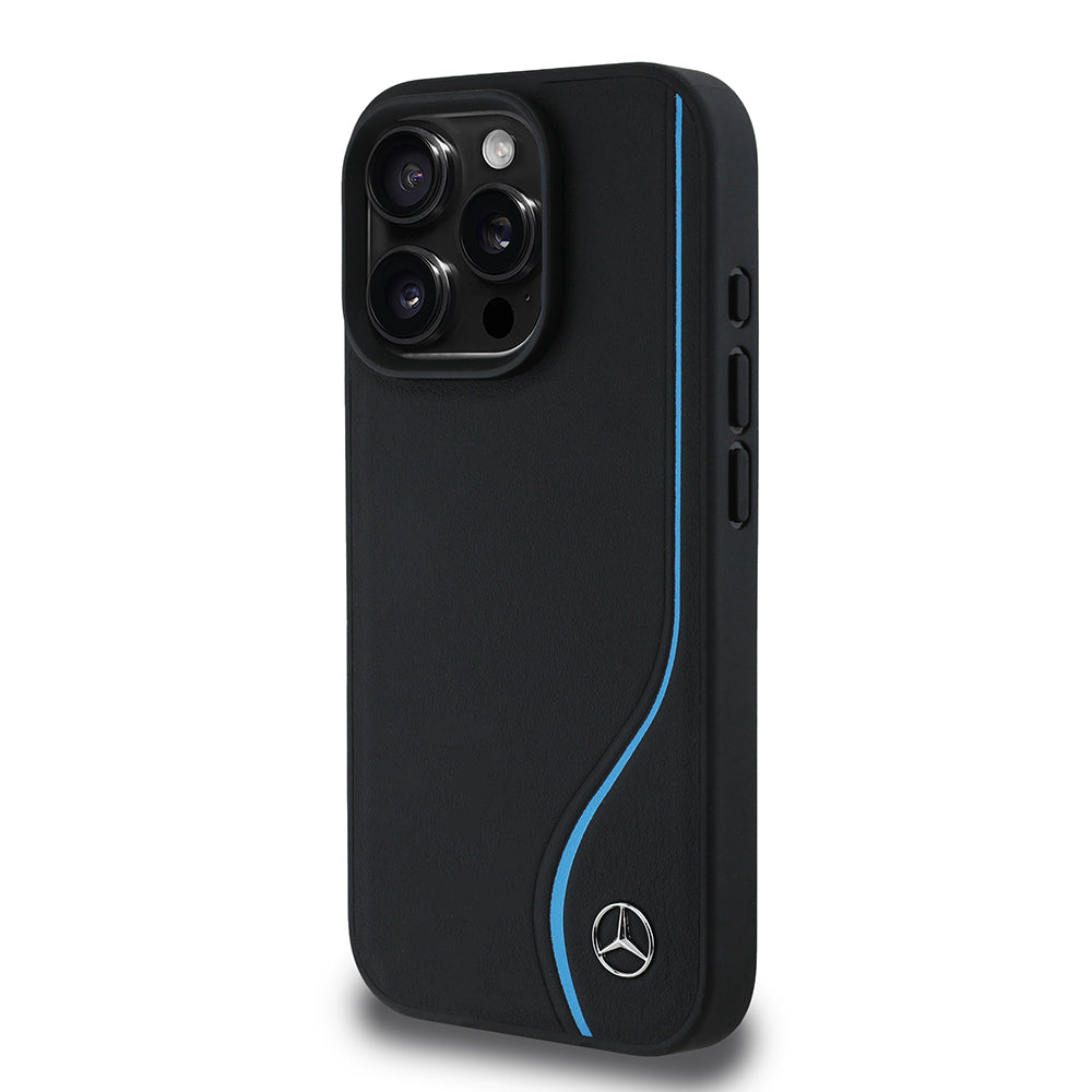 Mercedes Benz iPhone 16 Pro Max Orjinal Lisanslı 3D Metal Logolu Mavi Dikey Eğri Çizgili Deri M-safe Kılıf