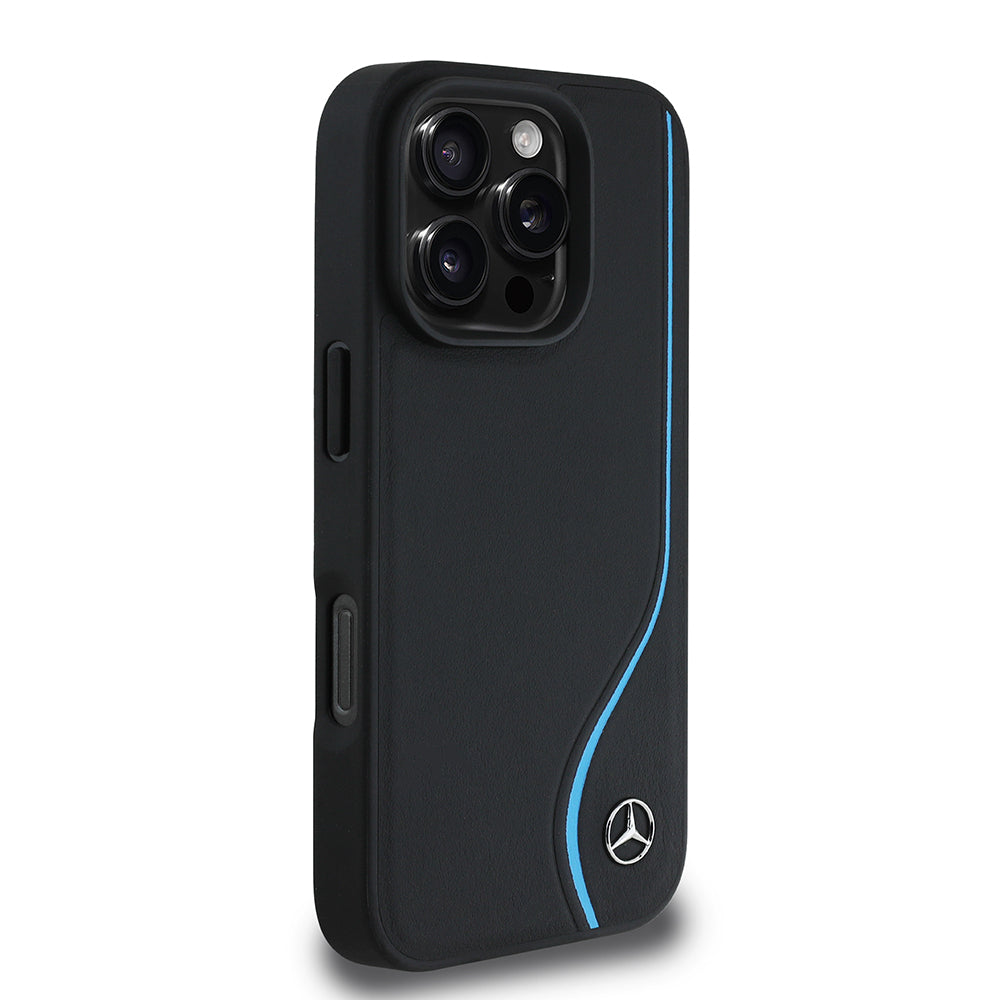 Mercedes Benz iPhone 16 Pro Max Orjinal Lisanslı 3D Metal Logolu Mavi Dikey Eğri Çizgili Deri M-safe Kılıf