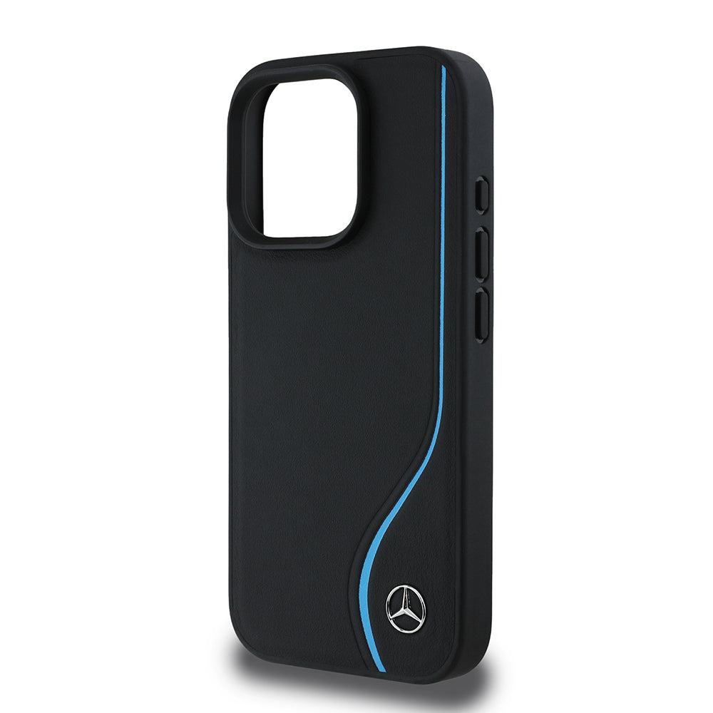 Mercedes Benz iPhone 16 Pro Max Orjinal Lisanslı 3D Metal Logolu Mavi Dikey Eğri Çizgili Deri M-safe Kılıf
