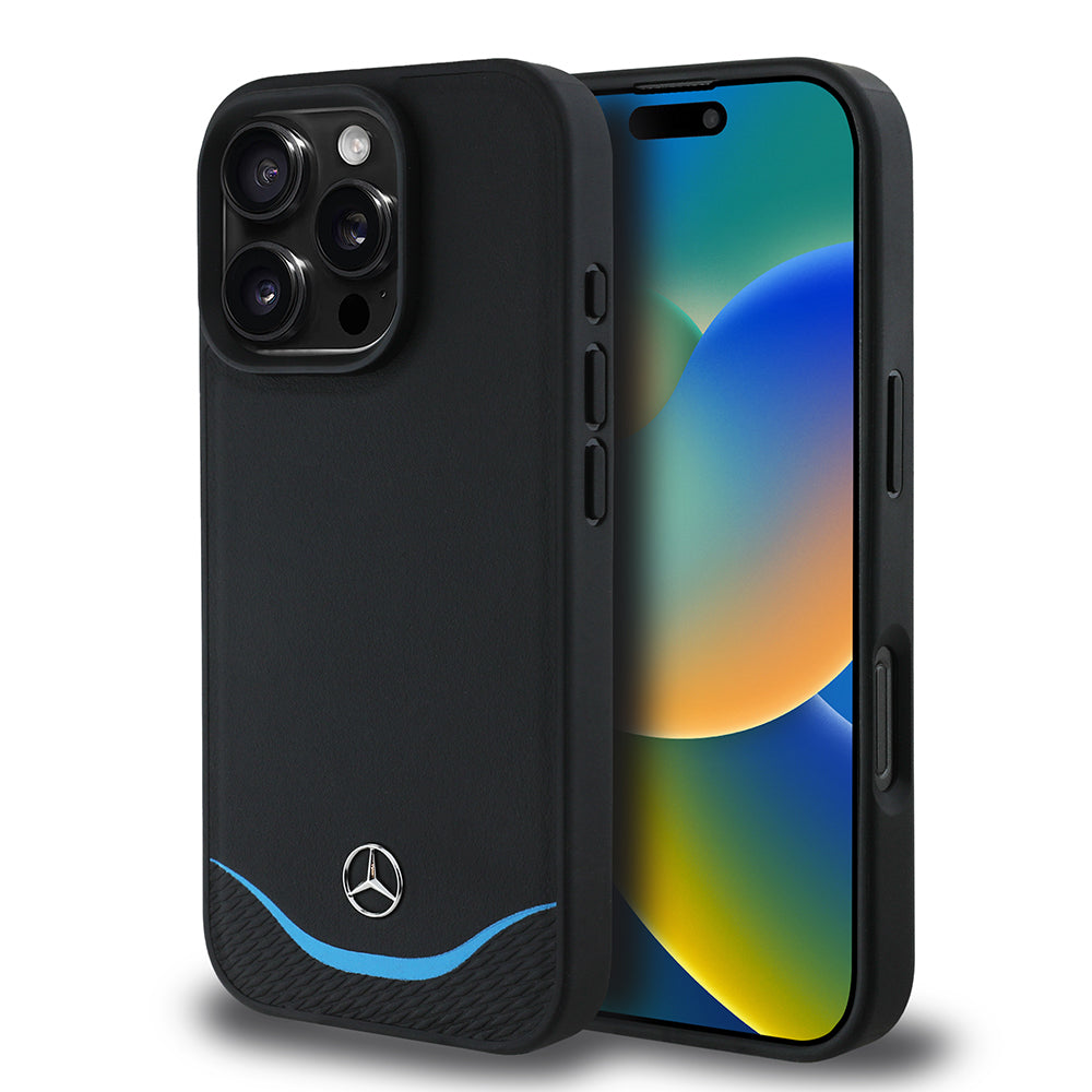 Mercedes Benz iPhone 16 Pro Max Orjinal Lisanslı 3D Metal Logolu Mavi Yatay Eğri Çizgili Deri M-safe Kılıf
