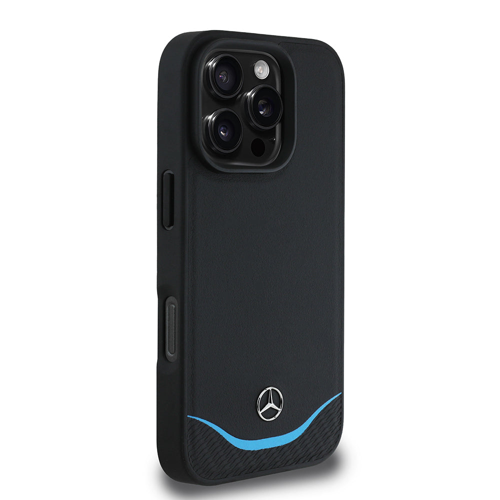 Mercedes Benz iPhone 16 Pro Max Orjinal Lisanslı 3D Metal Logolu Mavi Yatay Eğri Çizgili Deri M-safe Kılıf