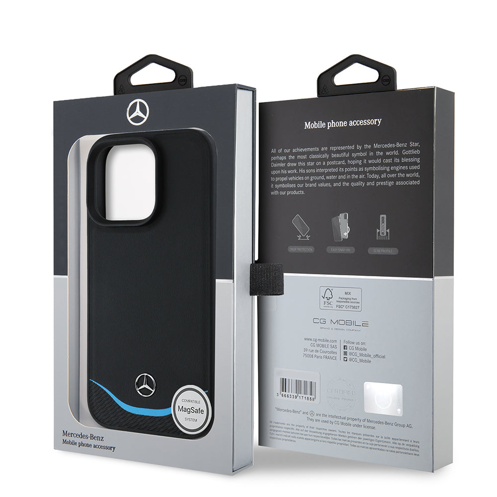 Mercedes Benz iPhone 16 Pro Max Orjinal Lisanslı 3D Metal Logolu Mavi Yatay Eğri Çizgili Deri M-safe Kılıf