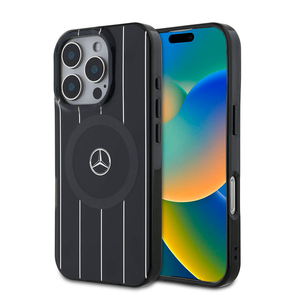 Mercedes Benz iPhone 16 Pro Max Orjinal Lisanslı M-safe Şarj Özellikli Çift Katmanlı Paralel Çizgi Desenli Kılıf