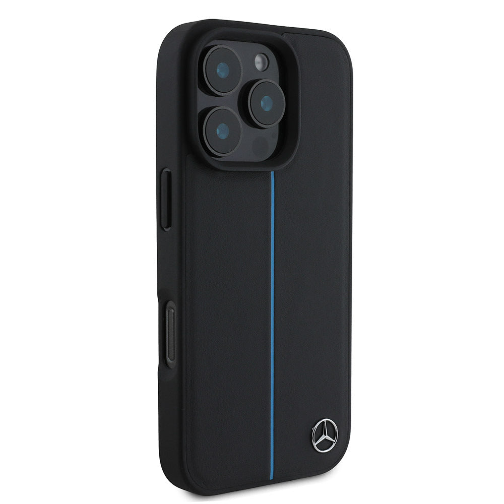 Mercedes Benz iPhone 16 Pro Max Orjinal Lisanslı M-safe Şarj Özellikli Metal Yıldız Logolu Mavi Çizgili Deri Kılıf