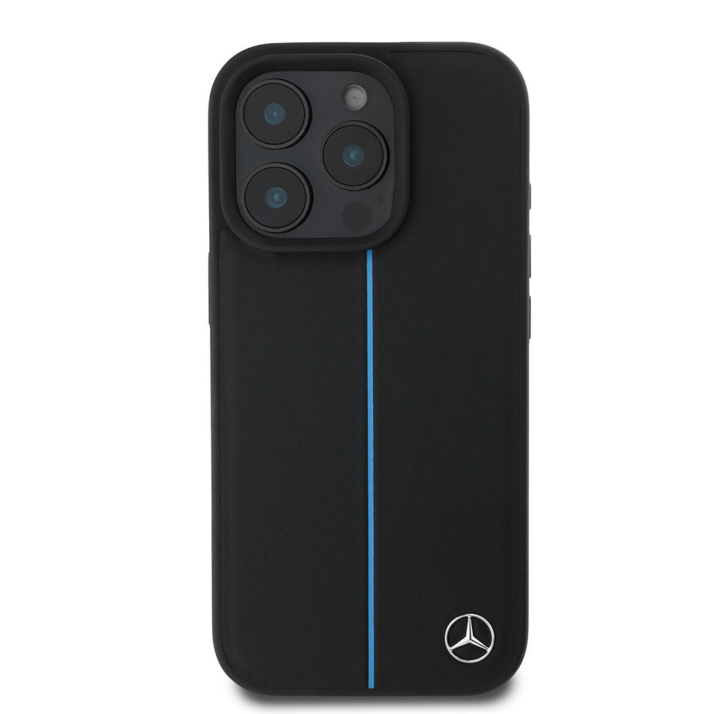 Mercedes Benz iPhone 16 Pro Max Orjinal Lisanslı M-safe Şarj Özellikli Metal Yıldız Logolu Mavi Çizgili Deri Kılıf