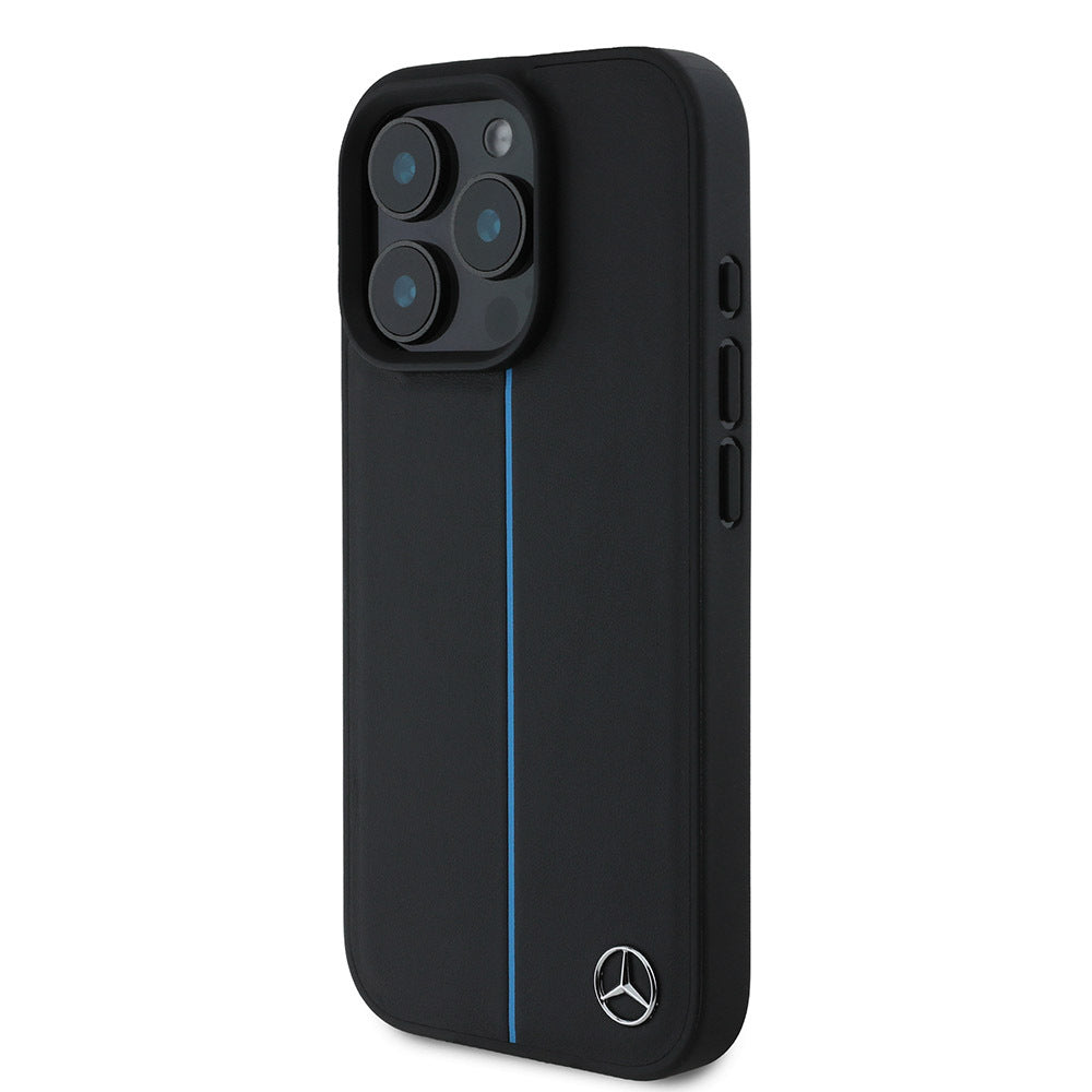 Mercedes Benz iPhone 16 Pro Max Orjinal Lisanslı M-safe Şarj Özellikli Metal Yıldız Logolu Mavi Çizgili Deri Kılıf