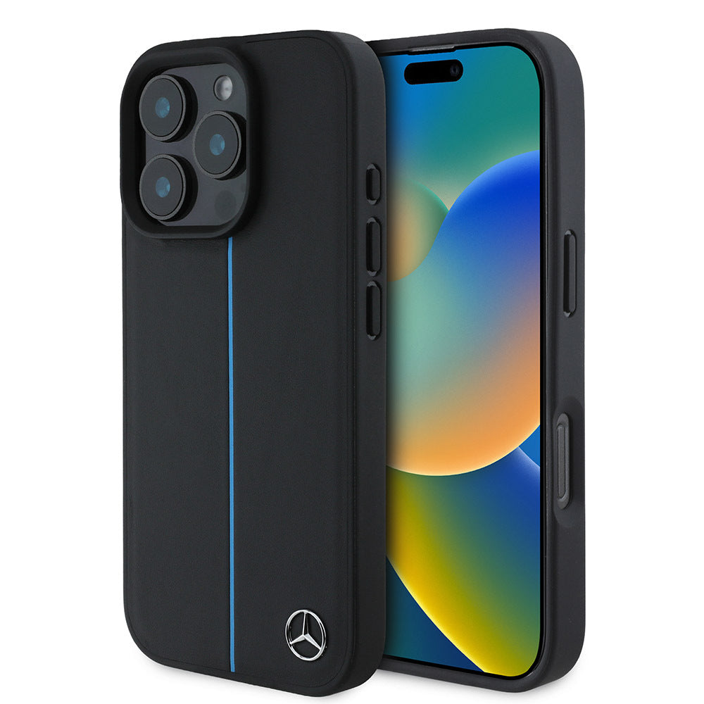 Mercedes Benz iPhone 16 Pro Max Orjinal Lisanslı M-safe Şarj Özellikli Metal Yıldız Logolu Mavi Çizgili Deri Kılıf