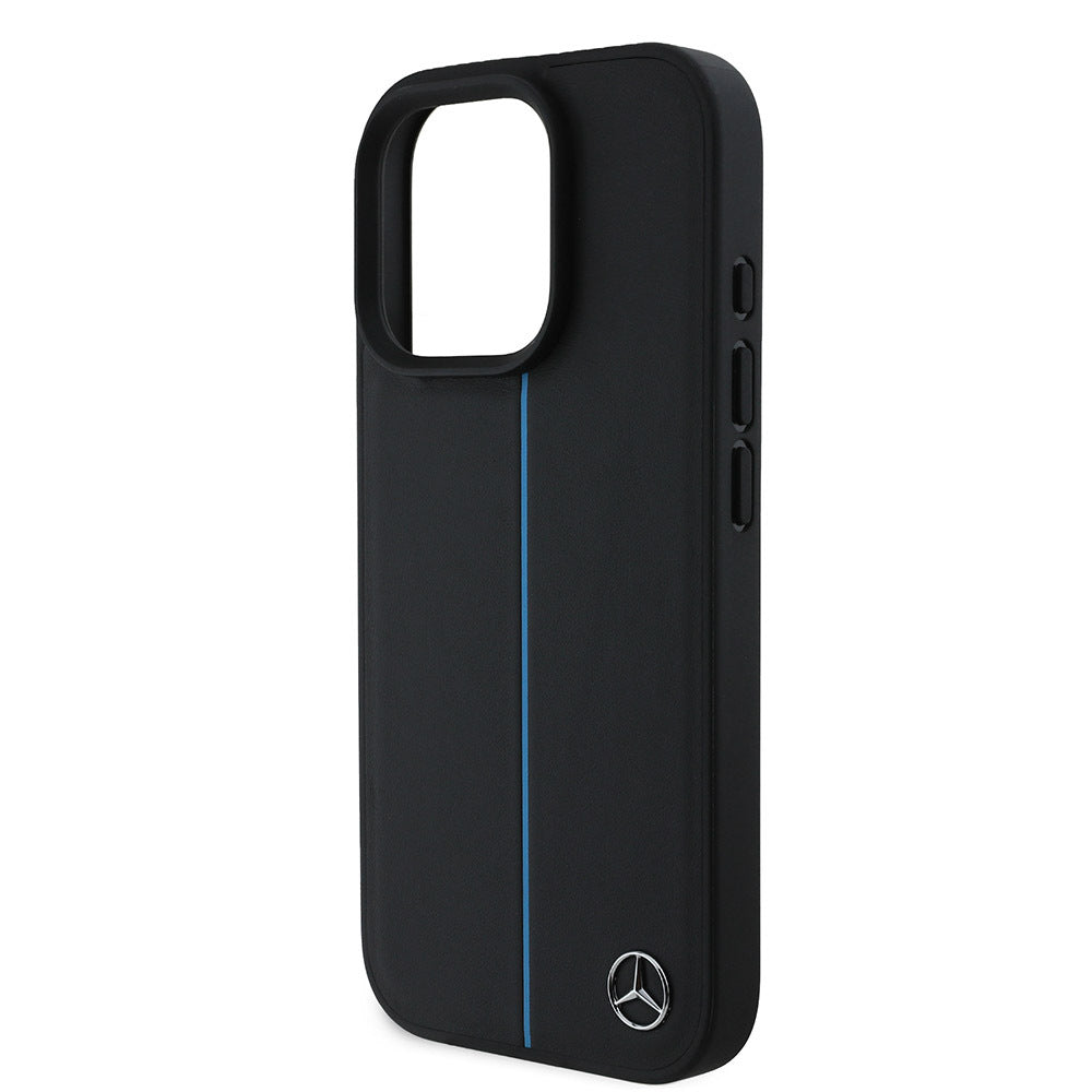 Mercedes Benz iPhone 16 Pro Max Orjinal Lisanslı M-safe Şarj Özellikli Metal Yıldız Logolu Mavi Çizgili Deri Kılıf