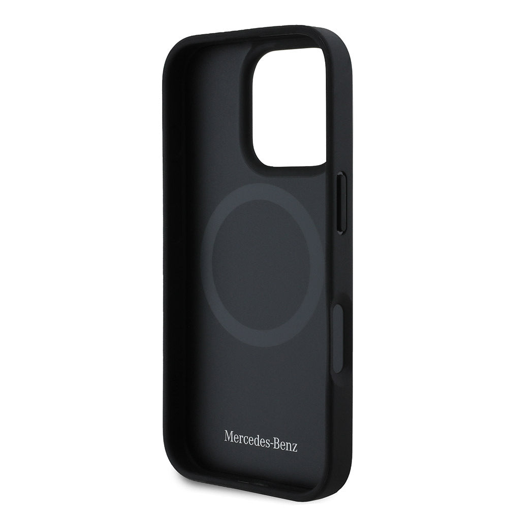 Mercedes Benz iPhone 16 Pro Max Orjinal Lisanslı M-safe Şarj Özellikli Metal Yıldız Logolu Mavi Çizgili Deri Kılıf
