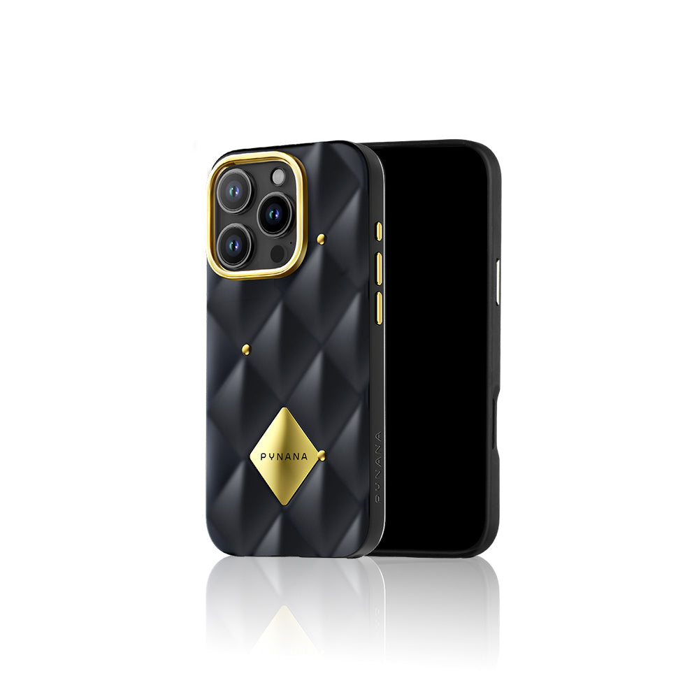 Pynana Metal Diamond Serisi iPhone 16 Pro Max Parlak Arka Yüzeyli Kabartma Tasarımlı Kapitone Kılıf