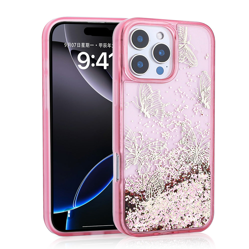 Cepax iPhone 16 Pro Max Sıvılı Simli Kelebek Baskılı Şeffaf Arka Yüzey Glis Silikon Kılıf