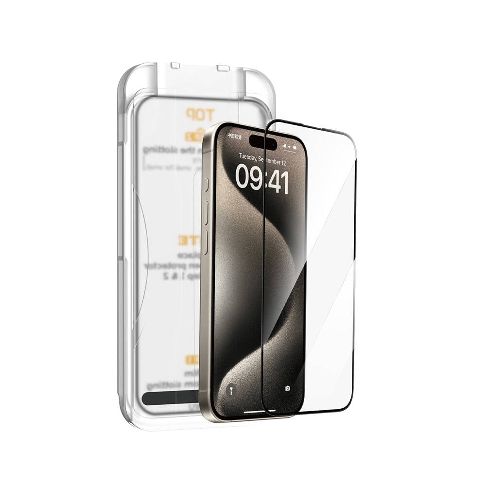 Wiwu SQ-008 iPhone 16 Pro Max Oleofobik Easy Install Darbeye Karşı Dayanıklı Temperli Cam Ekran Koruyucu + Kolay Uygulama Aparatlı