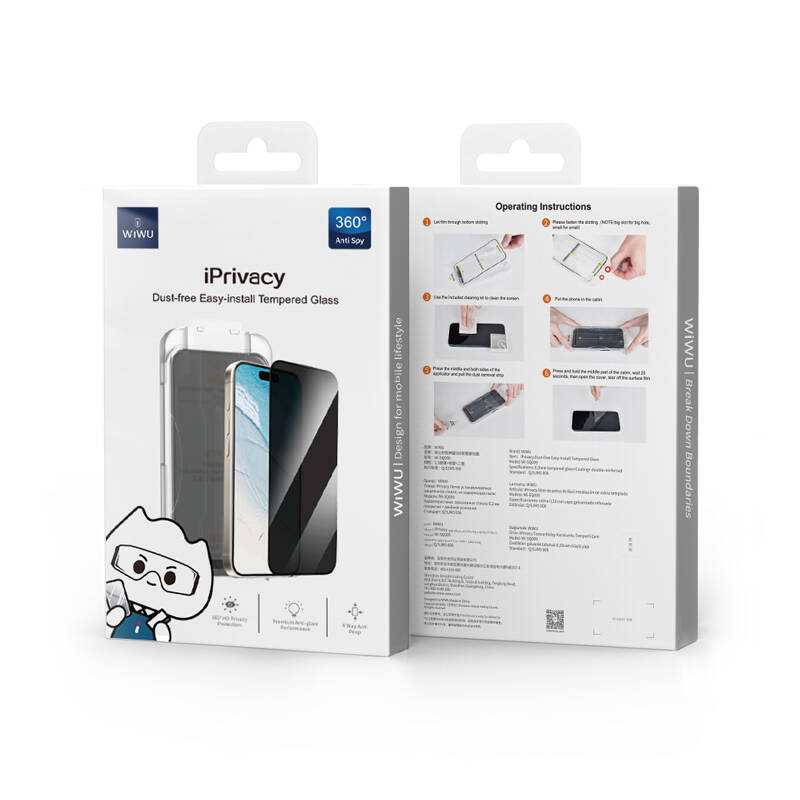 Wiwu Wi-SQ009 Easy Install iPhone 16 Pro Max iPrivacy 360° Anti-Peep Oleofobik Temperli Cam Ekran Koruyucu + Kolay Uygulama Aparatlı