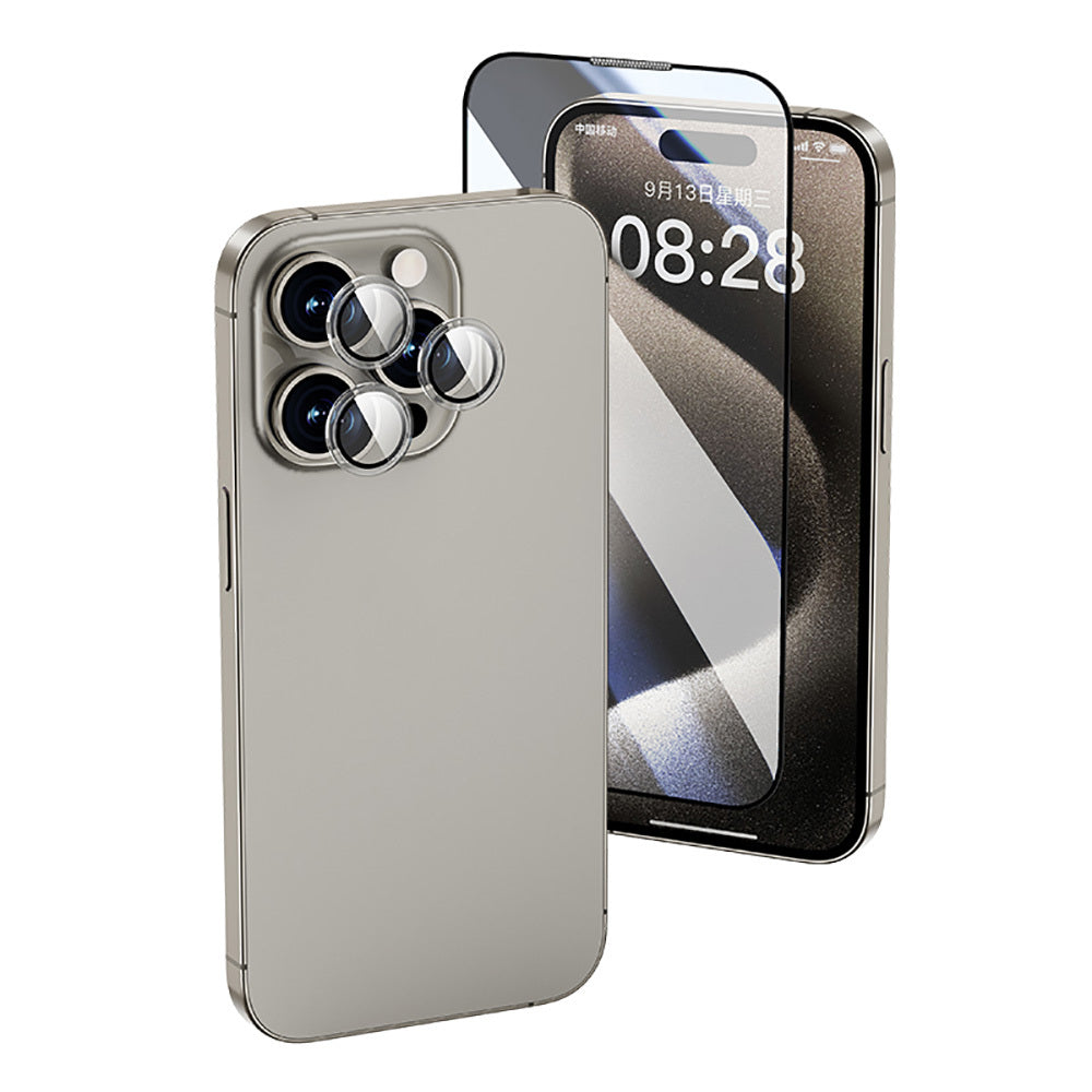 Wiwu Wi-IP002 iPhone 16 Pro 2in1 Temperli Cam Ahize Toz Önleyici Ekran Koruyucu ve Kamera Lens Koruyucu Set