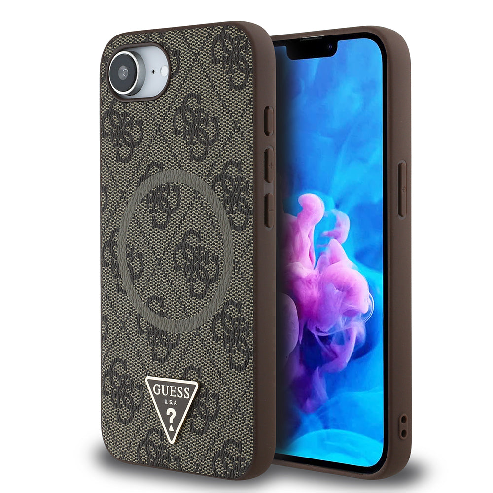 Guess iPhone 16E Orjinal Lisanslı Magsafe PU Üçgen Logo 4G Desenli Telefon Kılıfı