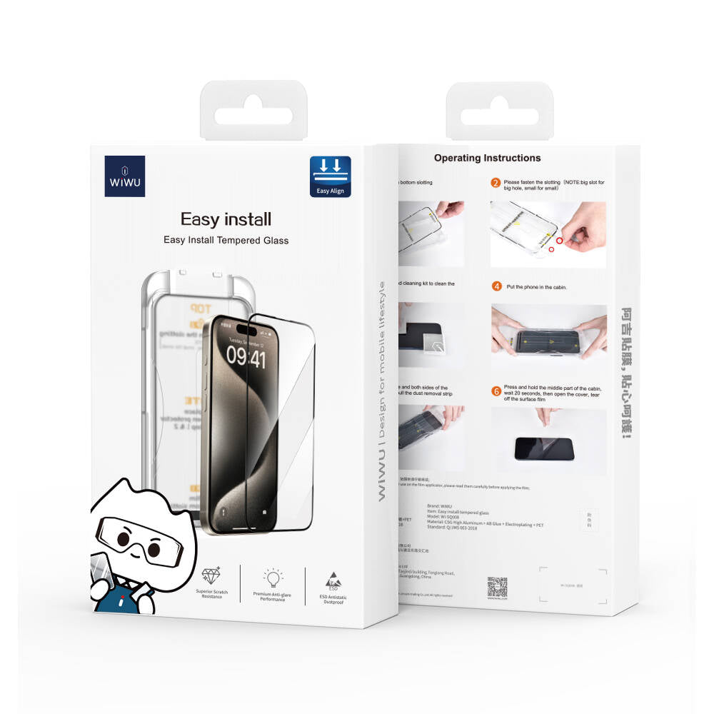 Wiwu SQ-008 iPhone 16E Oleofobik Easy Install Darbeye Karşı Dayanıklı Temperli Cam Ekran Koruyucu + Kolay Uygulama Aparatlı