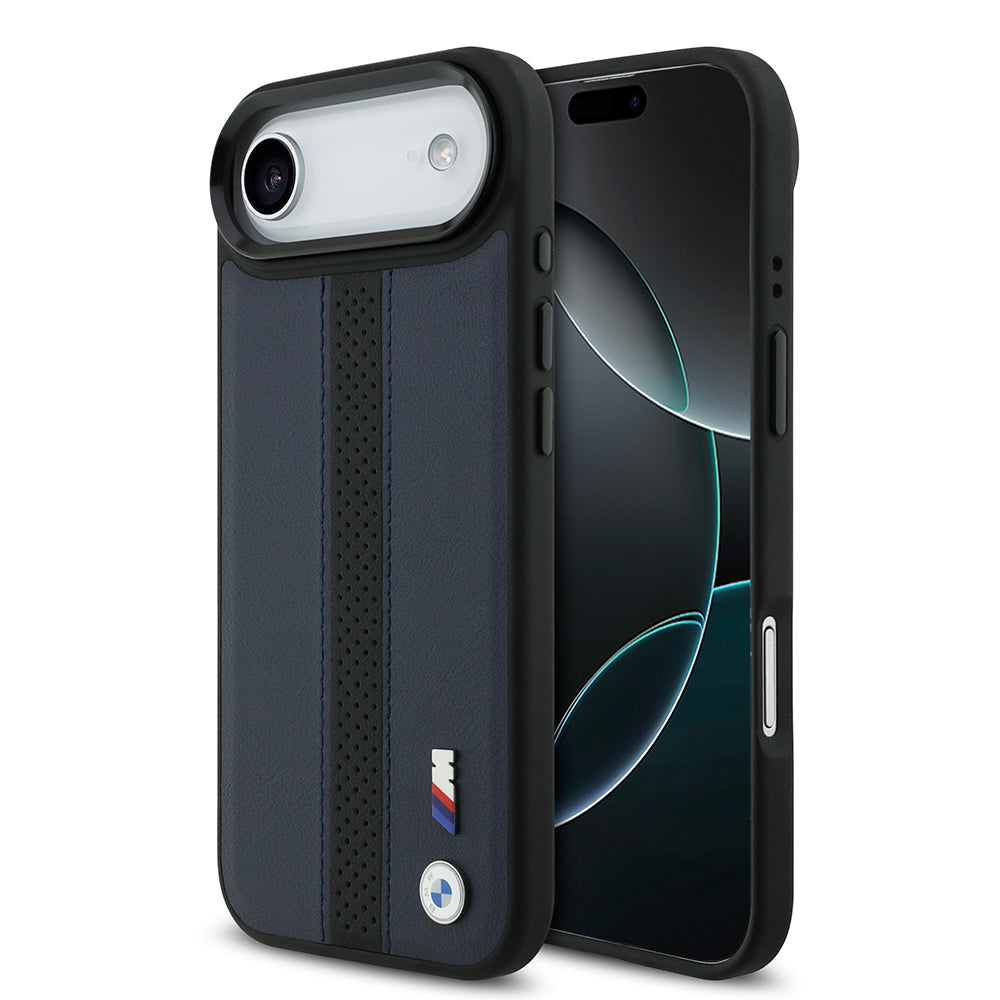 BMW iPhone 17 Air Orjinal Lisanslı M-safe Şarj Özellikli Deri Arka Yüzey Metal Logolu Delikli Şerit Tasarımlı Kılıf