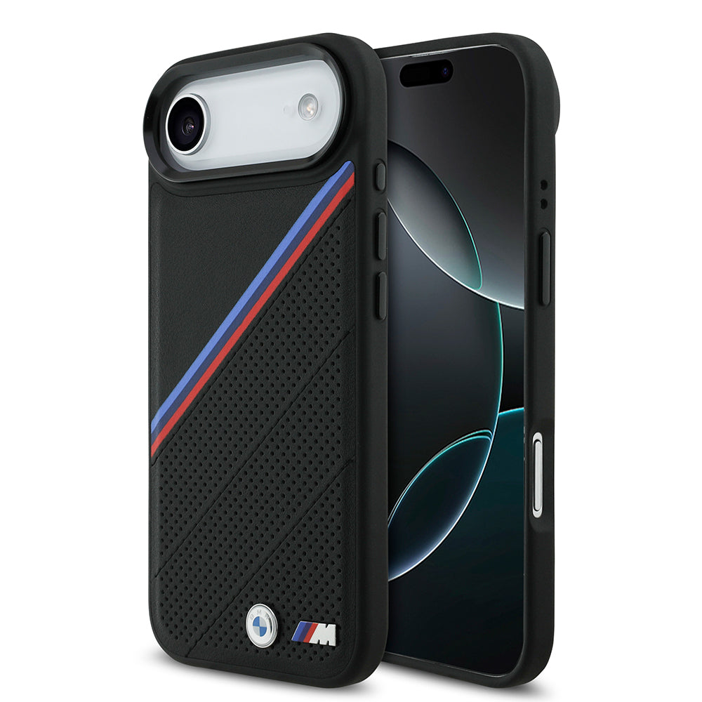 BMW iPhone 17 Air Orjinal Lisanslı M-safe Şarj Özellikli M Logolu Üç Şeritli Delikli Deri Kılıf