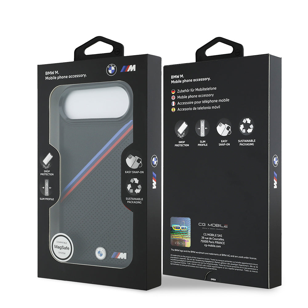 BMW iPhone 17 Air Orjinal Lisanslı M-safe Şarj Özellikli M Logolu Üç Şeritli Delikli Deri Kılıf