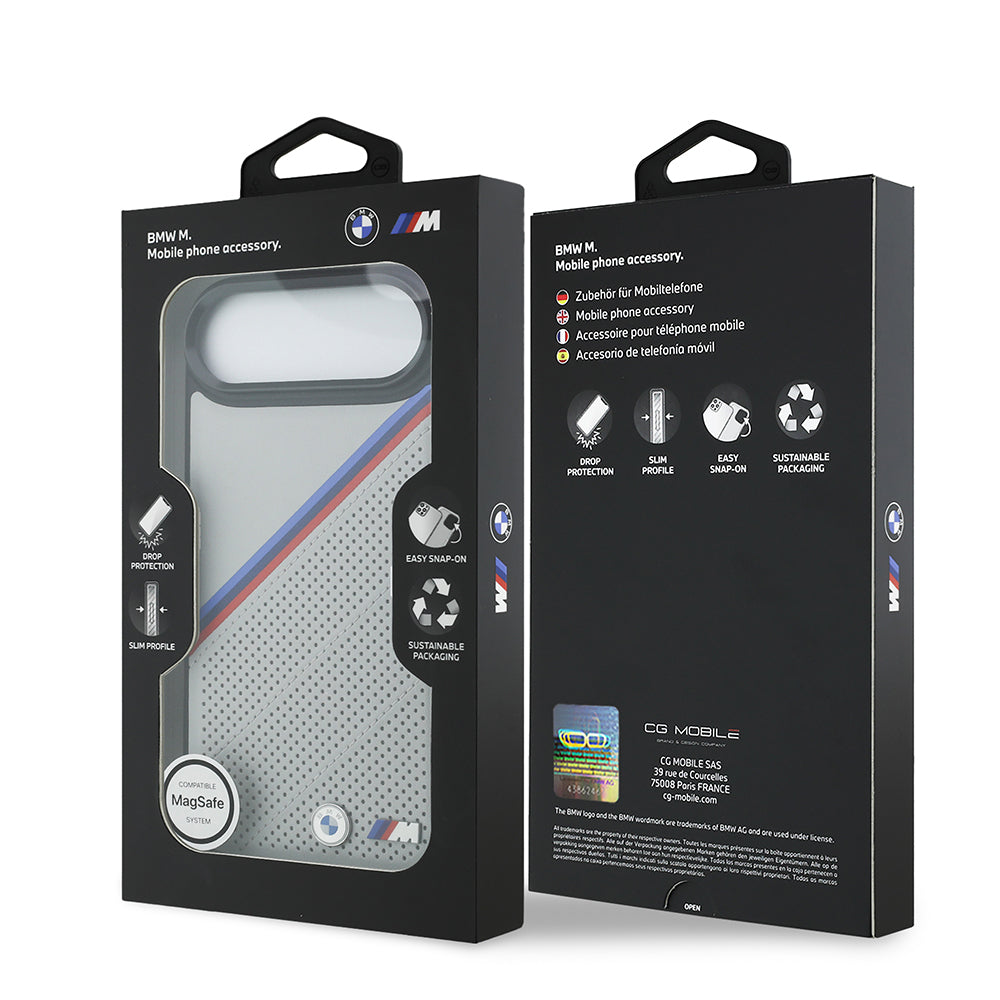 BMW iPhone 17 Air Orjinal Lisanslı M-safe Şarj Özellikli M Logolu Üç Şeritli Delikli Deri Kılıf
