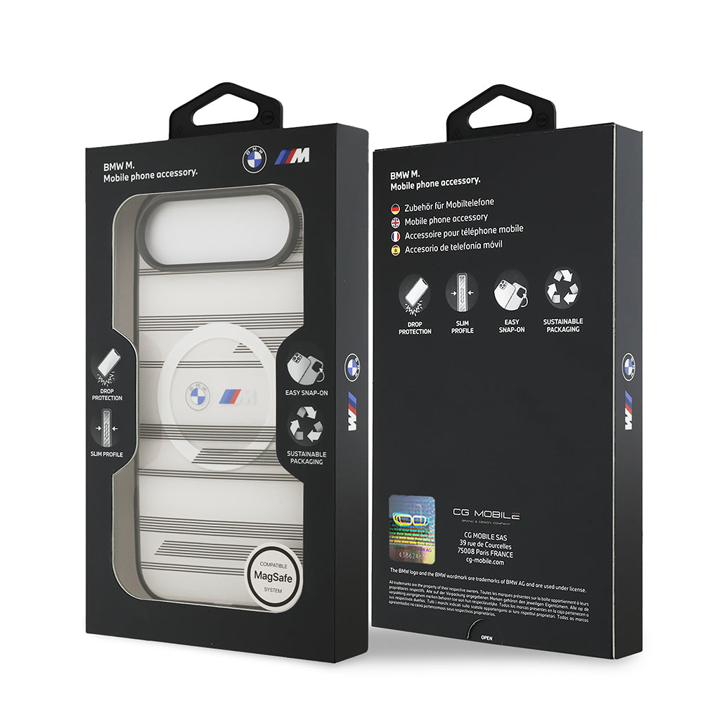 BMW iPhone 17 Air Orjinal Lisanslı M-safe Şarj Özellikli Metal Kamera Butonlu Yatay Şeritli M Dizayn Kılıf