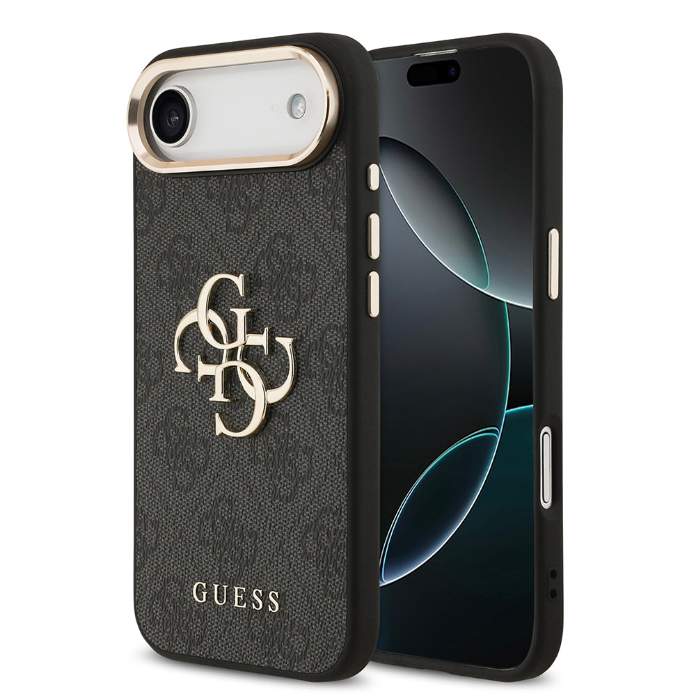 Guess iPhone 17 Air Orjinal Lisanslı Gold Metal Kamera Çerçeveli 4G Desenli Metal Büyük 4G ve Yazı Logolu Telefon Kılıfı