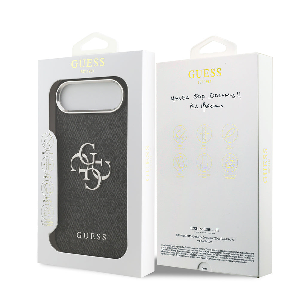 Guess iPhone 17 Air Orjinal Lisanslı Gümüş Metal Kamera Çerçeveli 4G Desenli Metal Büyük 4G ve Yazı Logolu Kılıf