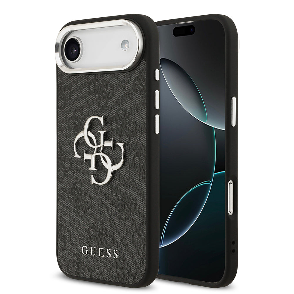 Guess iPhone 17 Air Orjinal Lisanslı Gümüş Metal Kamera Çerçeveli 4G Desenli Metal Büyük 4G ve Yazı Logolu Kılıf