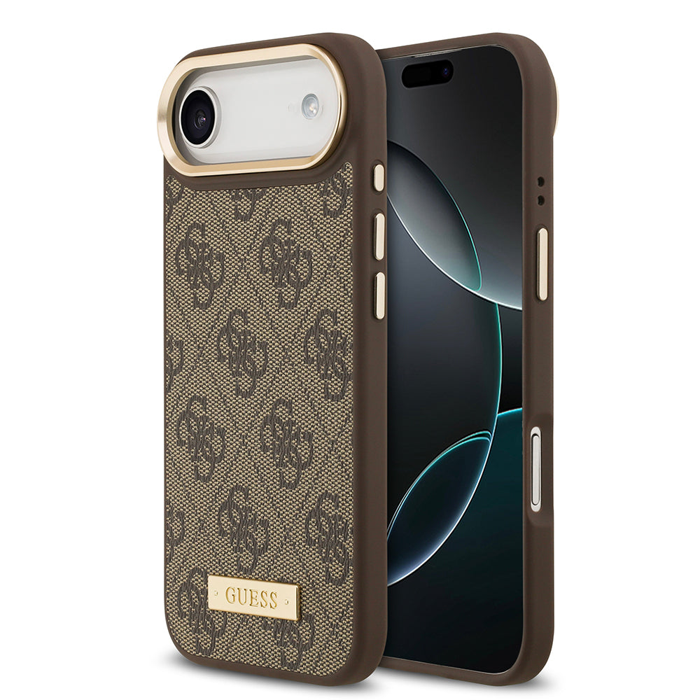 Guess iPhone 17 Air Orjinal Lisanslı M-safe Şarj Özellikli 4G Desenli PU Metal Plaka Klasik Logolu Kılıf