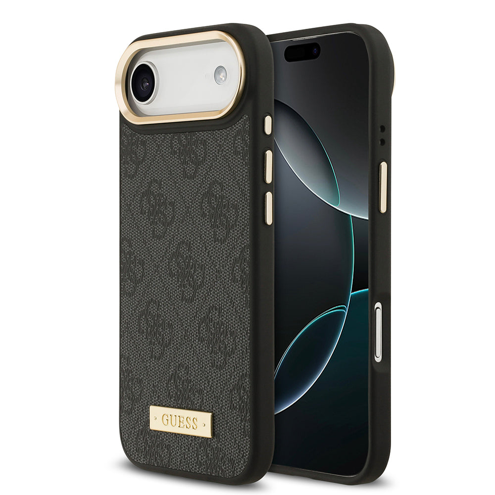 Guess iPhone 17 Air Orjinal Lisanslı M-safe Şarj Özellikli 4G Desenli PU Metal Plaka Klasik Logolu Kılıf