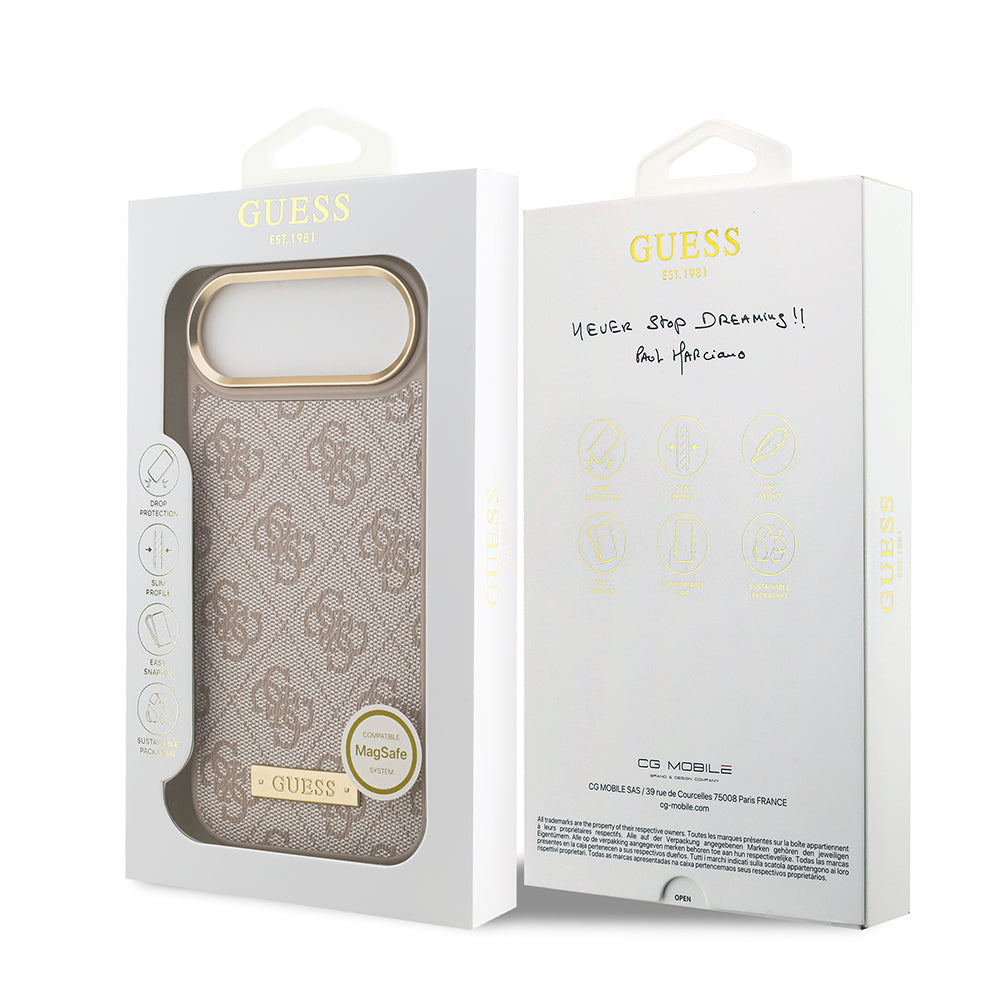Guess iPhone 17 Air Orjinal Lisanslı M-safe Şarj Özellikli 4G Desenli PU Metal Plaka Klasik Logolu Kılıf